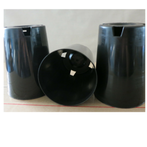 three small black plastic pots