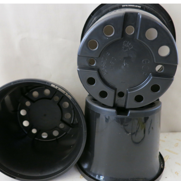 three small black plastic pots