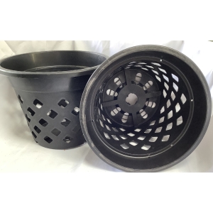 two black plastic pots with holes on the sides